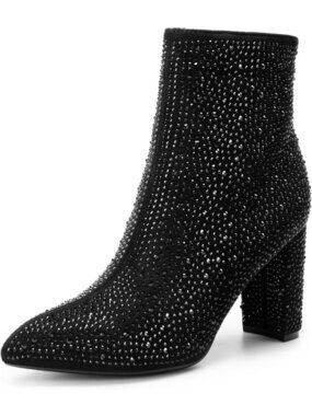 Women's Black PU Rhinestone Chunky Heel Ankle Booties Pointed Toe Short Boots